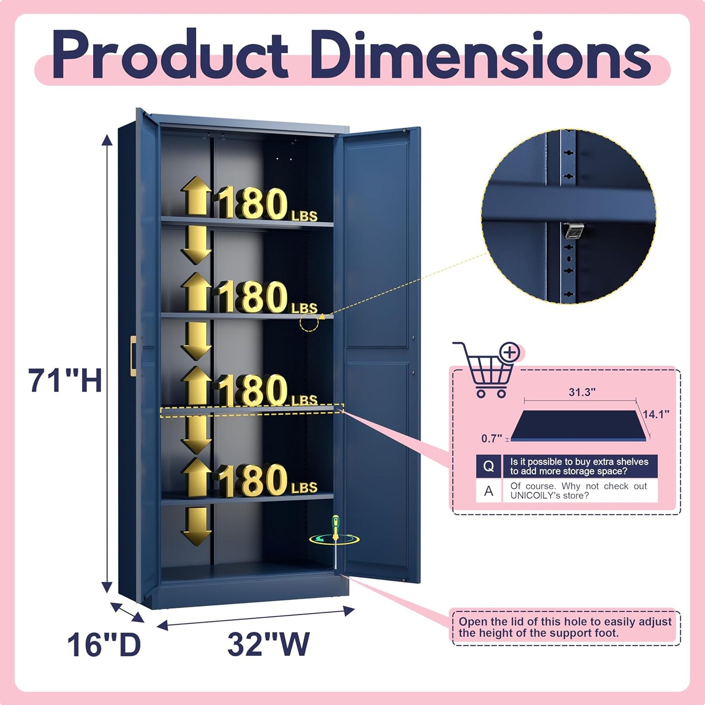 71" Storage Cabinet, Metal Pantry Cabinet, Kitchen Pantry Storage Cabinets with Doors and 4 Shelves, Cabinets for Laundry Room, Living Room, Dinning Room, Assembly Required, Blue