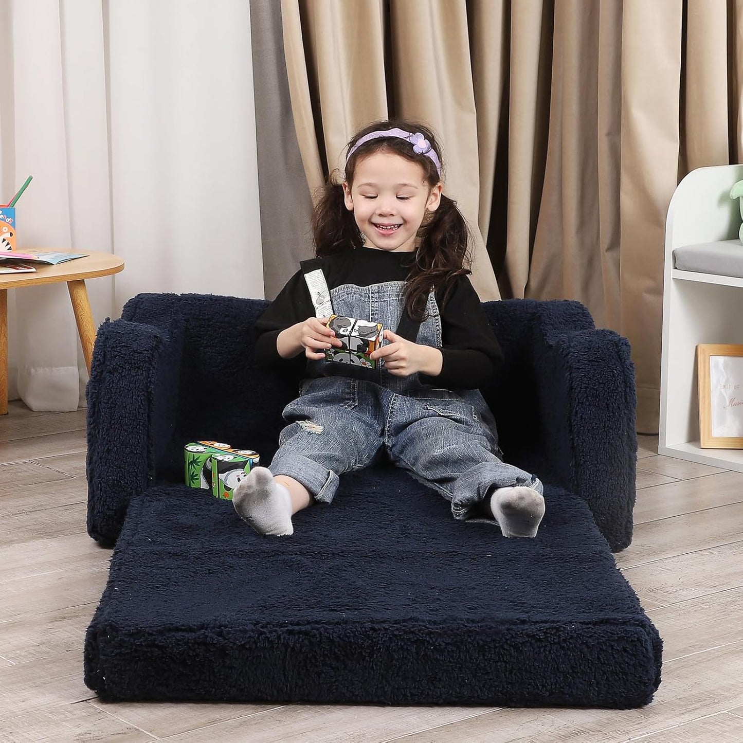Kids Extra Wide Chairs for Toddler, 2-in-1 Toddler Soft Sherpa Couch Fold Out, Convertible Sofa to Lounger for Girls and Boys, Dark Blue