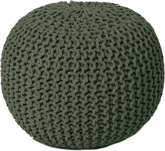 REDEARTH Round Hand Knitted Pouf - Foot Stool Bean Bag Ottoman - Cord Boho Pouffe - Poof Accent Beanbag Footrest for Living Room - Bedroom - Patio - Lounge (19.5"x19.5"x14") - Olive