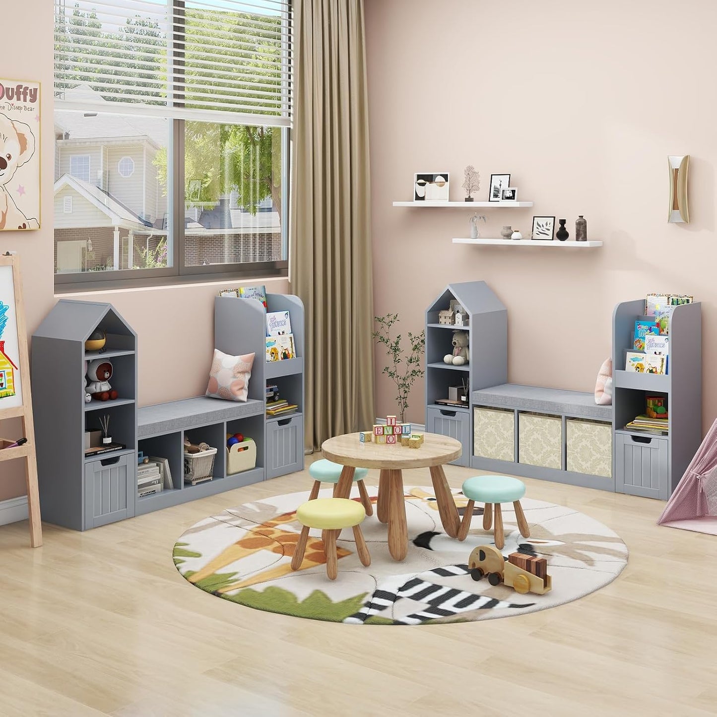 Vabches Toy Storage Organizer for Kids Bookshelf with Reading Nook, Multifunctional Bookcase with 7 Storage Cubbies, 2 Movable Drawers and Seat Cushion for Keeping Kids' Toys Books Organized, Grey