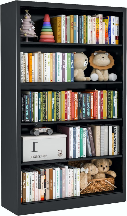 Black Bookshelf, 55” Adjustable Tall Metal Bookshelf, 5-Tier Toy Storage Organizer with Anti-Tilt Device, Modern Book Cases and Book Shelves for Bedroom, Playroom, Classroom, Study
