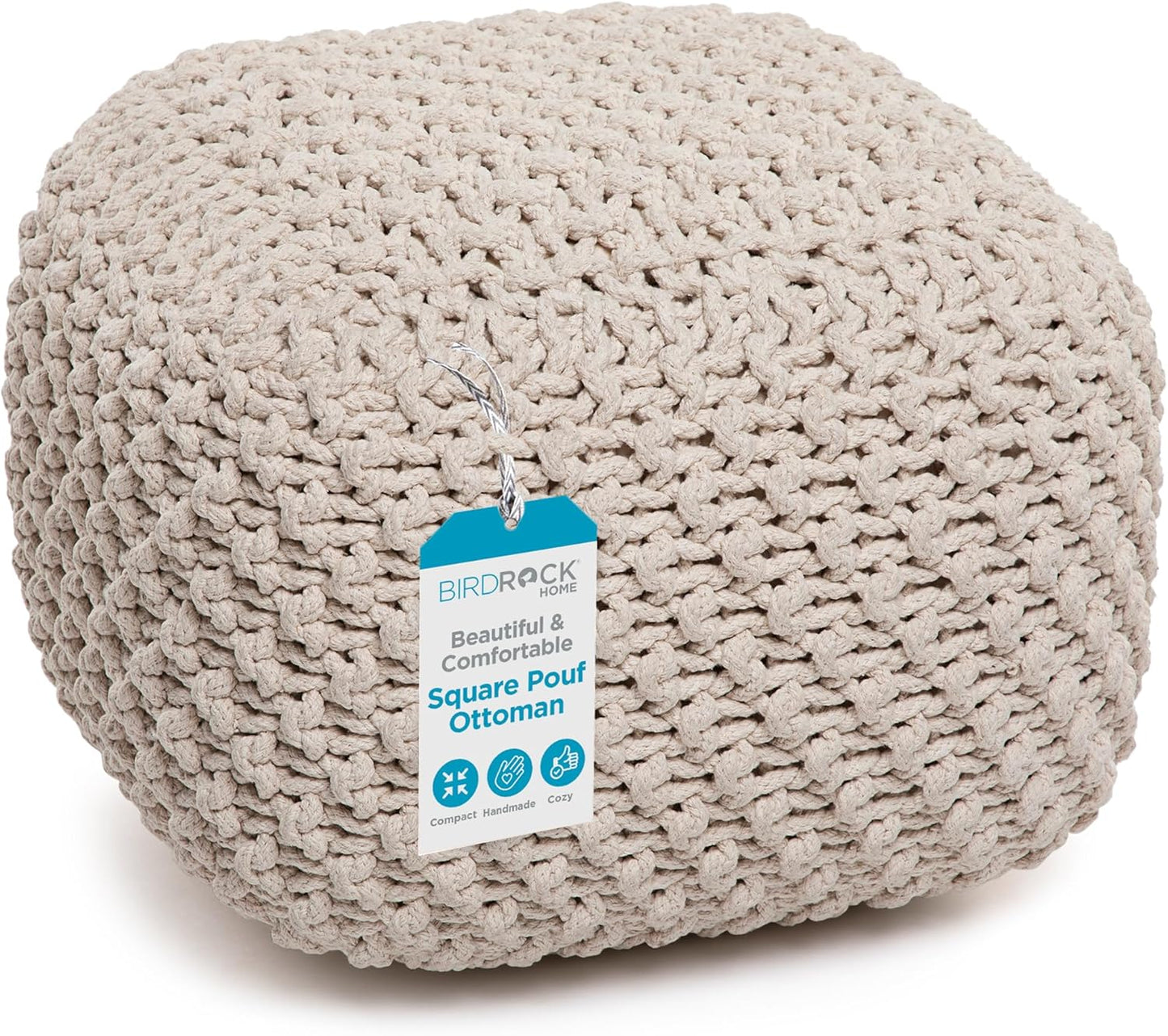 BIRDROCK HOME Square Pouf Ottoman | Cotton Braided Foot Stool with Bean Bag Filling | Boho Foot Rest for Living Room, Bedroom | Compact & Comfortable Seating, Lightweight & Sturdy | Natural