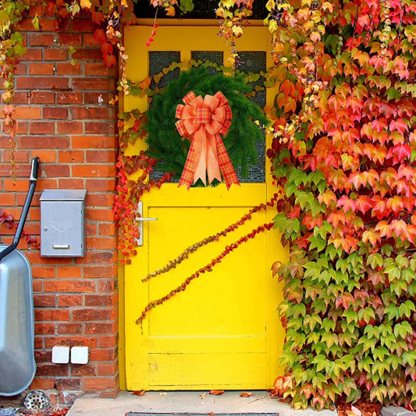 Iceyyyy Extra Large Fall Wreath Gift Bow -18.8x10.6inch Orange Buffalo Plaid Check Wreath Bow Swag Bow Thanksgiving Wreath Pre-Tied Bow For Fall, Thanksgiving, Christmas, Home Indoor Outdoor Ornaments