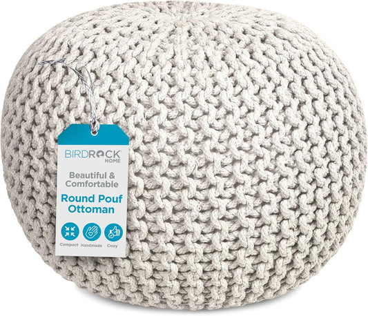 BIRDROCK HOME Round Pouf Ottoman | Cotton Braided Foot Stool with Bean Bag Filling | Boho Foot Rest for Living Room & Bedroom | Compact & Comfortable Seating, Lightweight & Soft | Natural