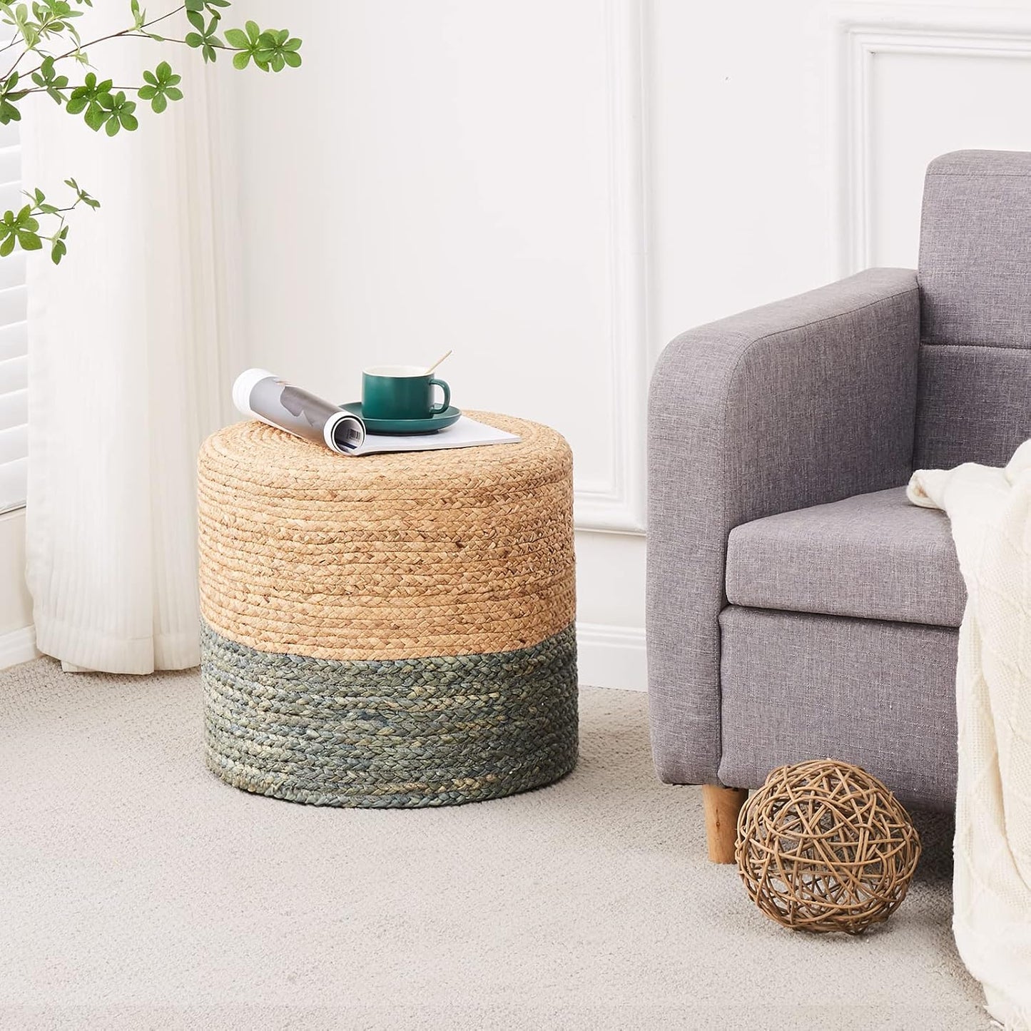 Cplxroc Ottoman Poof, Natural Seagrass Poufs, Hand Weave Round Footstool, Pouffe Accent Chair, Home Decorative Seat, Boho Deco Floor Chair for Living Room, Bedroom (18inch 68LE)
