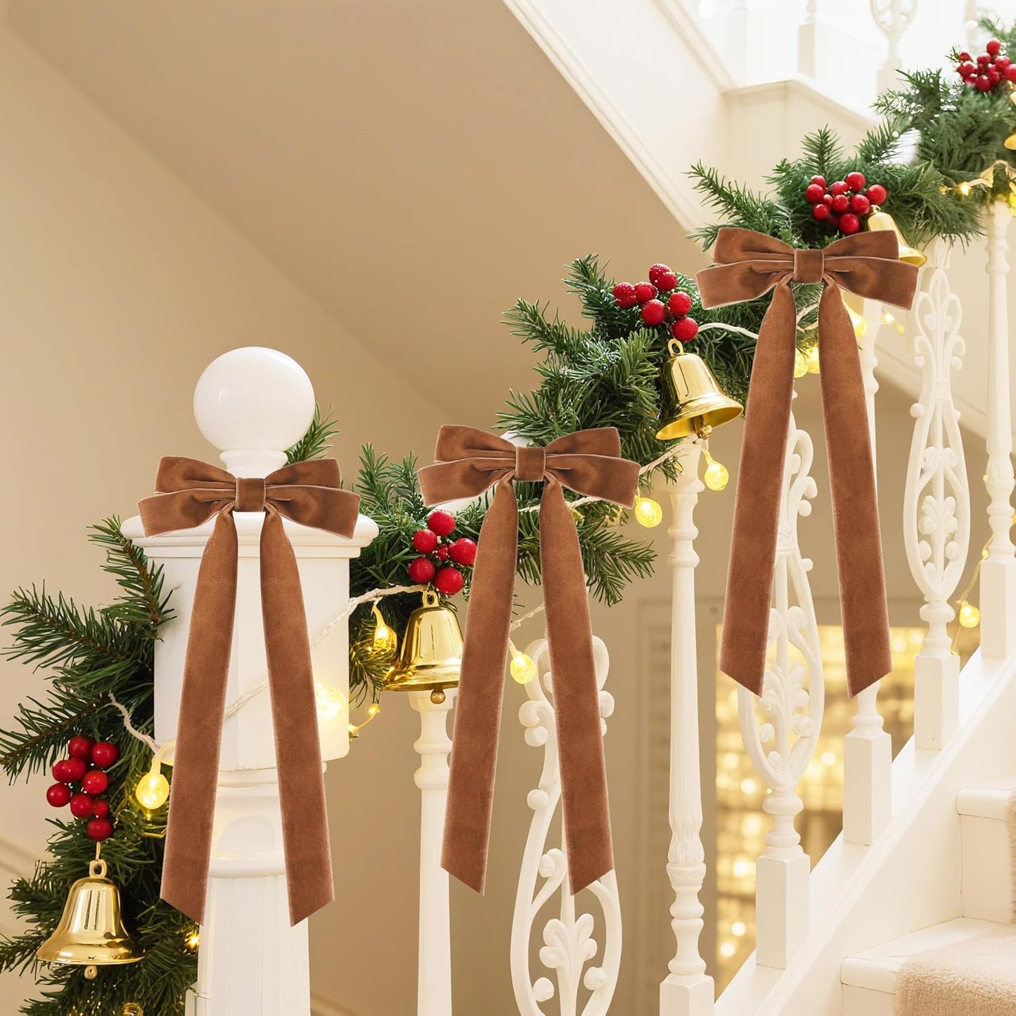 Senjie Velvet Large Christmas Bows for Staircase Garland Wreath, 20in x 8in Vintage Ribbon Bows with Twist Tie for Xmas Tree Holiday Indoor Outdoor Decorations (6Pcs, Light Brown)