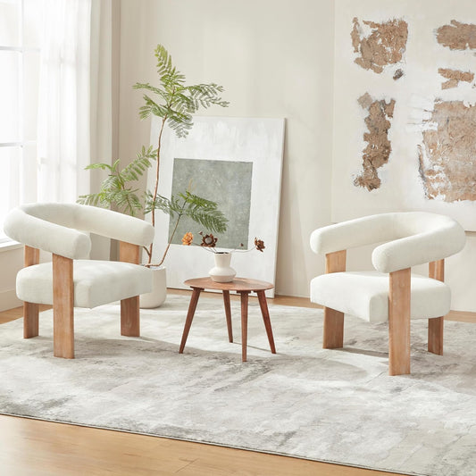 VKNOW Accent Chairs Set of 2, Modern Upholstered Living Room Chair Armchair with Solid Wood Legs, Comfy Barrel Arm Chairs for Living Room Bedroom, Cream