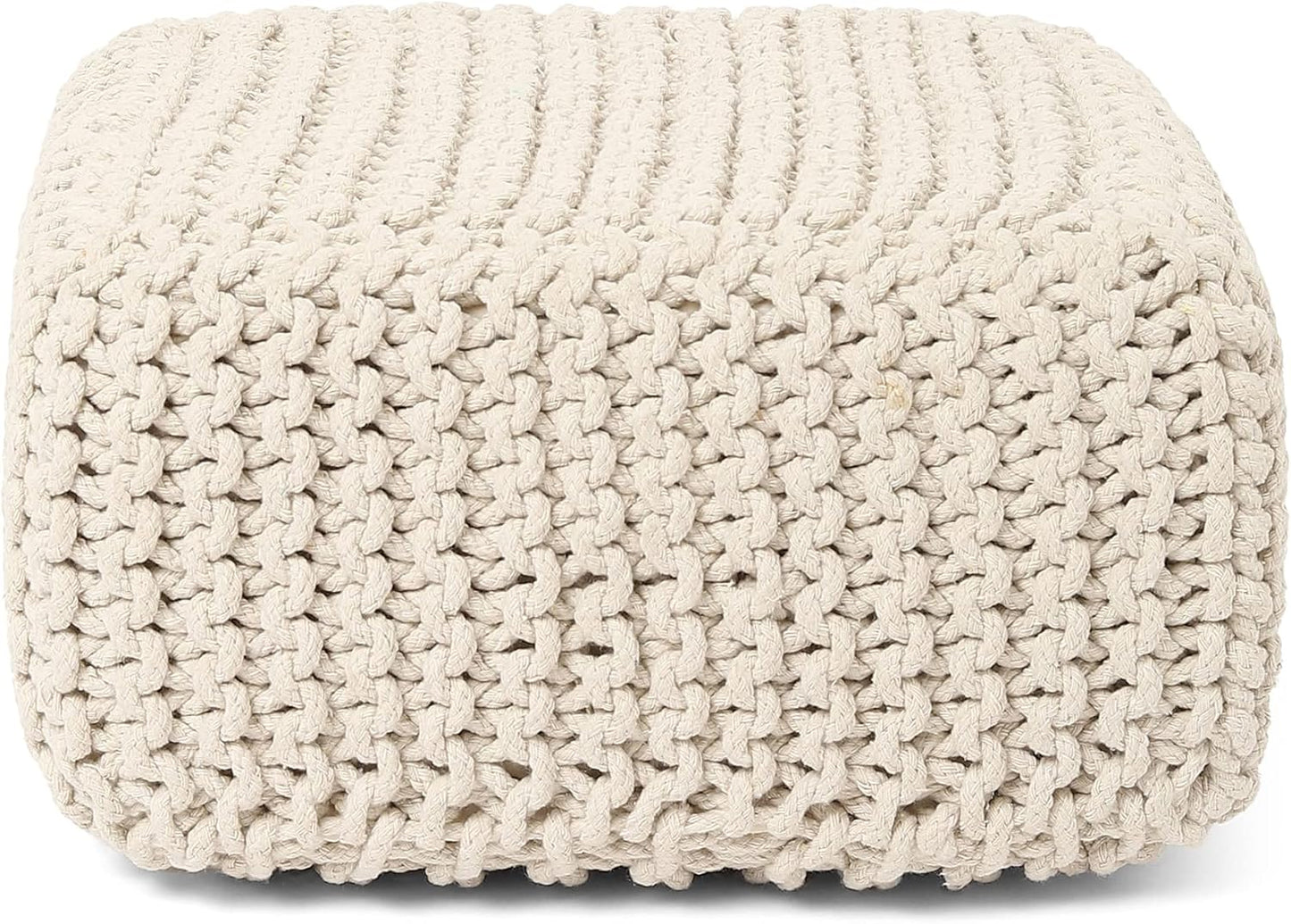 REDEARTH · Cube Low Pouf Foot Stool Ottoman - Hand Knitted Poof - Cord Boho Pouffe - Home Décor - Stuffed Footrest for Living Room - Nursery - Bedroom - Covered Patio - Room (16" x 16" x 8") - Ivory