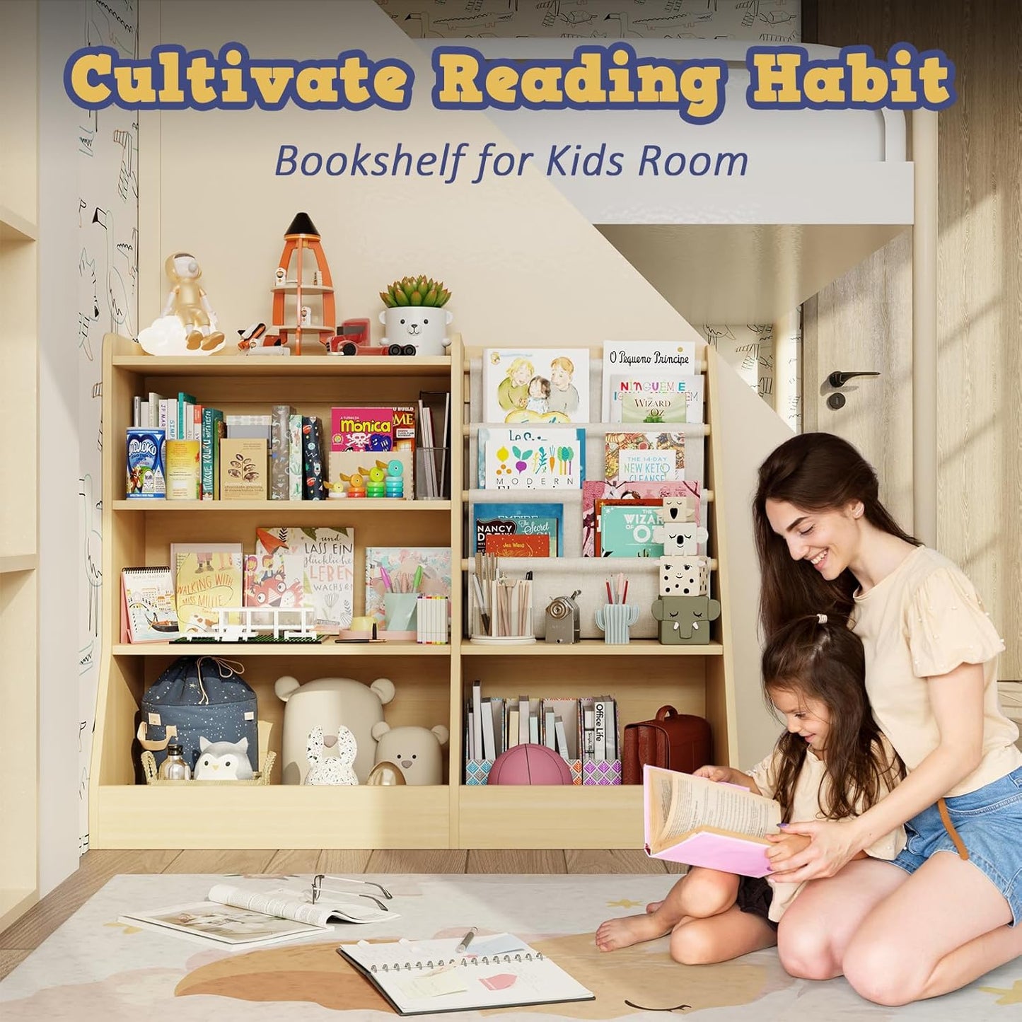 39" Large Kids Wooden Bookshelf and Toy Storage Organizer, Baby Bookcase with Sling Book Rack, Children Toddler Wooden Book Shelf for kids rooms, Playroom, Classroom, Nursery, School (Natural)