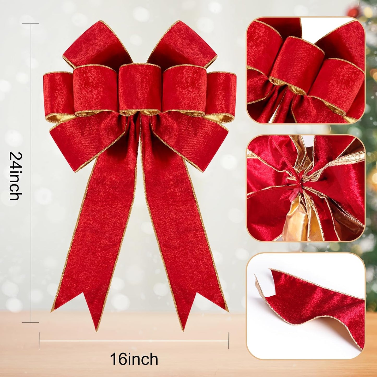 2pcs Large Christmas Bows Velvet Red Bows Holiday Red Christmas Bows Decorations for Wreath Velvet Bows Decor for Christmas Tree Topper, Front Door, Outdoor(24 * 16 inch)