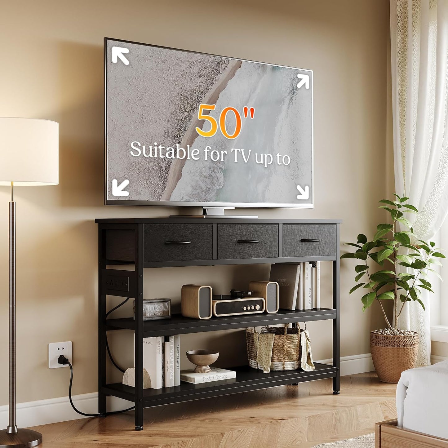 Lulive 2 Pack Entryway Table with Power Outlets, Console Table with 3 Fabric Drawers, Sofa Table for Living Room, Hallway, Couch, Foyer, Height Adjustable