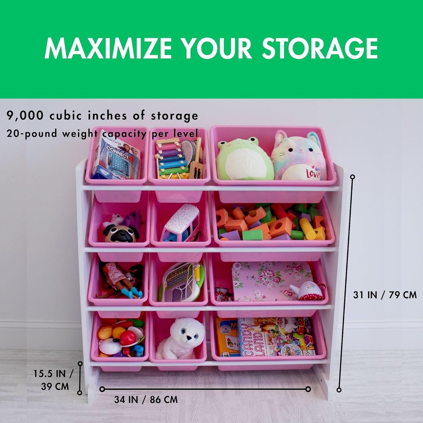 Humble Crew Kids Toy Storage Organizer with 12 Plastic Bins, White/Pink – Removable Bins for Playroom, Bedroom, Toddler Furniture for Boys and Girls Ages