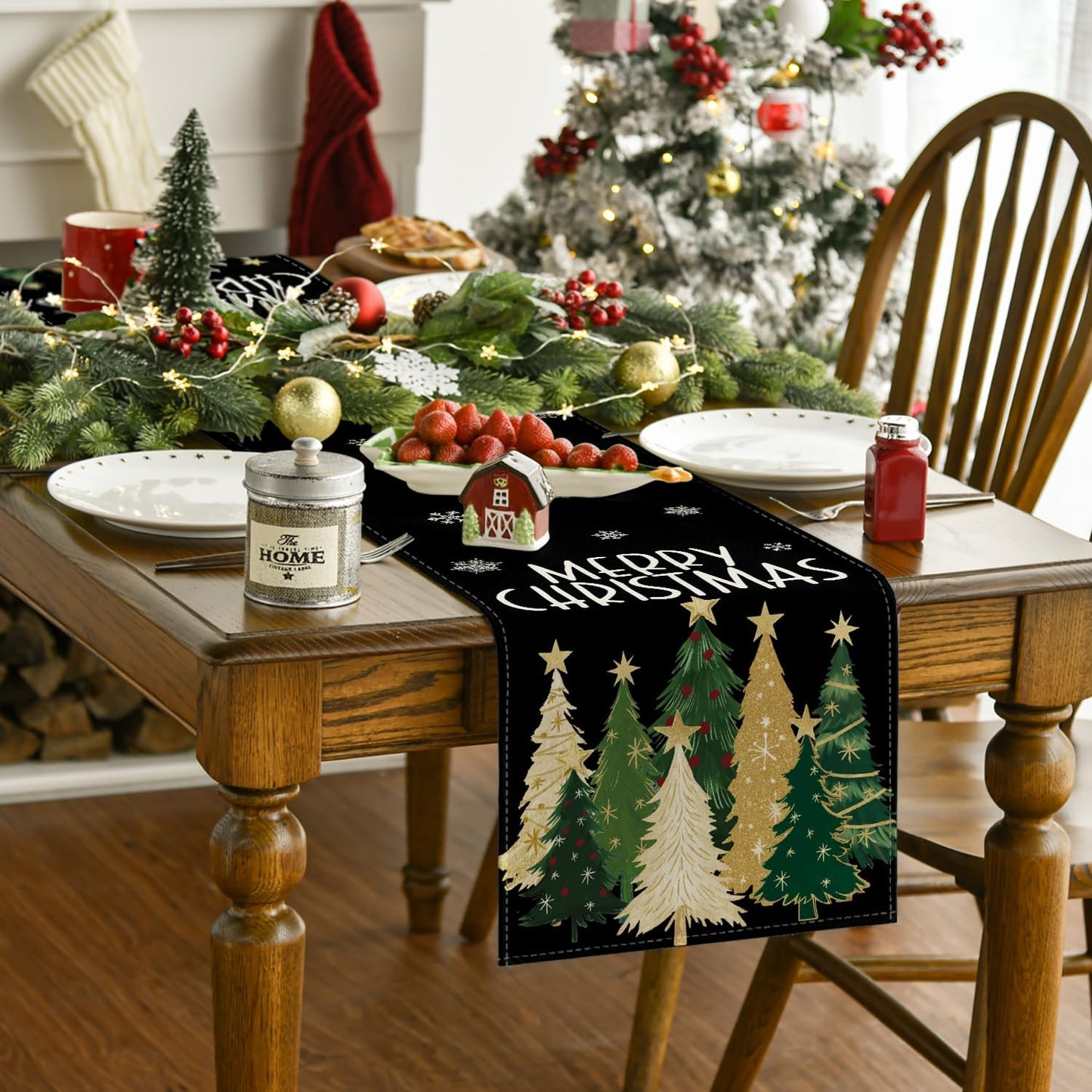 Artoid Mode Xmas Trees Snowflakes Black Merry Christmas Table Runner, Winter Seasonal Kitchen Dining Table Decoration for Home Party Decor 13x72 Inch