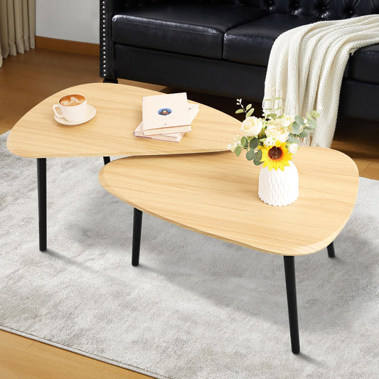 Wood Nesting CoffeeTable Set of 2 Irregular Accent Table for Living Room Bedroom Industrial Small Stacking Side Tables for Couch,Natural