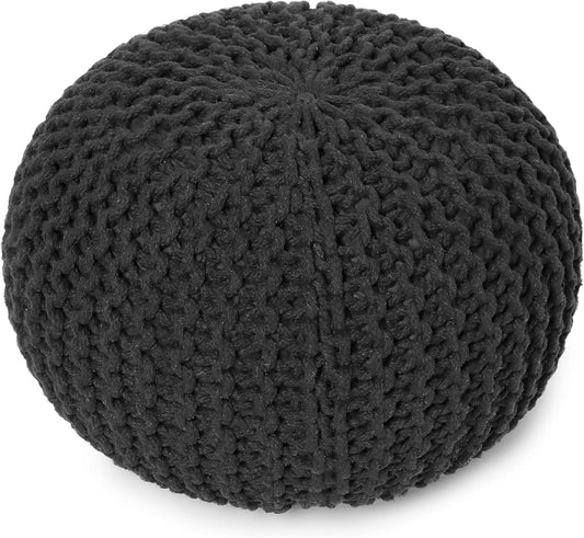 REDEARTH Round Pouf Foot Stool Ottoman - Cotton Hand Knitted Dori Pouffe - Cord Boho Home Décor - Stuffed Cable Poof for Living Room - Bedroom (19.5"x19.5"x14") - Dark Gray