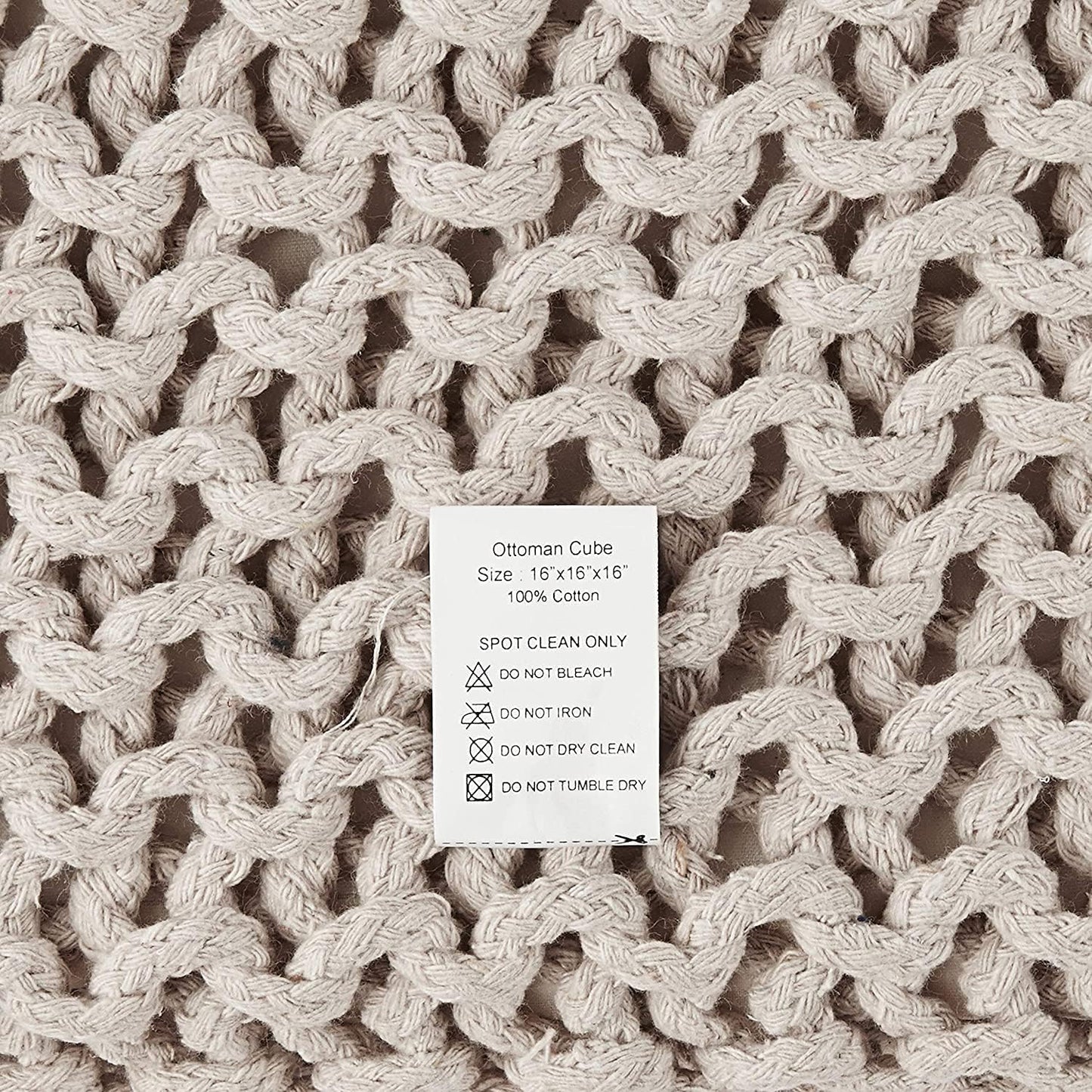 REDEARTH Square Pouf Ottoman Foot Stool - Hand Knitted Bean Bag - Cord Boho Pouffe - Accent Poof for Living Room - Nursery - Bedroom - Kids Bedroom - Patio - 100% Cotton (16" x 16" x 16") - Ivory