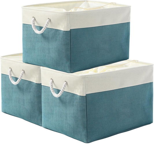 TheWarmHome Storage Bin for Shelves - Extra Jumbo 3 Pack 20.5L×15.7W×13.8H Storage Basket for Organizing, Fabrin Storage cubes with Drawstring Cover for Living Room Bedroom Decor Closet（White & Green