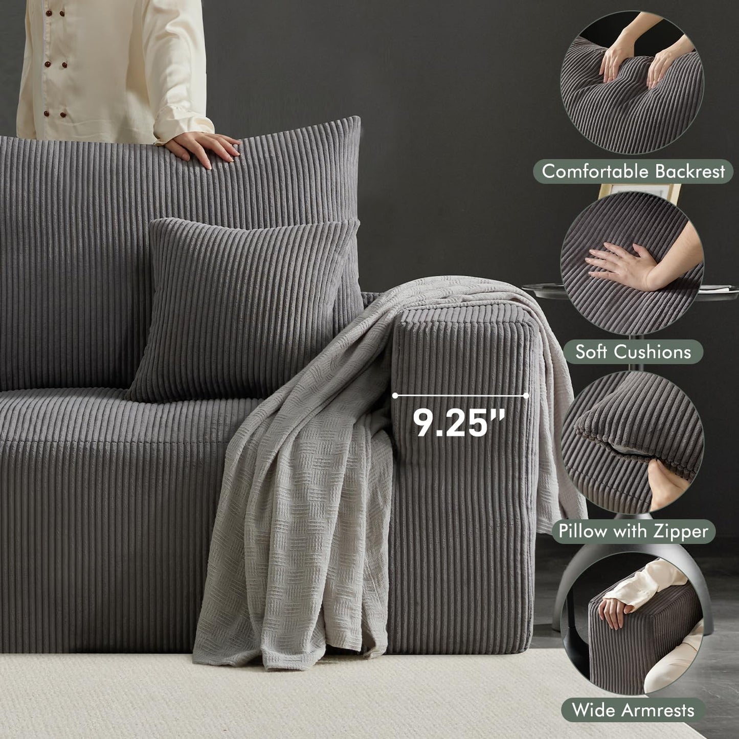 Boneless Sectional Cloud Couch Sofa for Living Room, 112" U-Shaped Modular Modern Lounge Sleeper Grey Couches with Chaise, No Assemble, Cordury Compression Upholstered Sofas