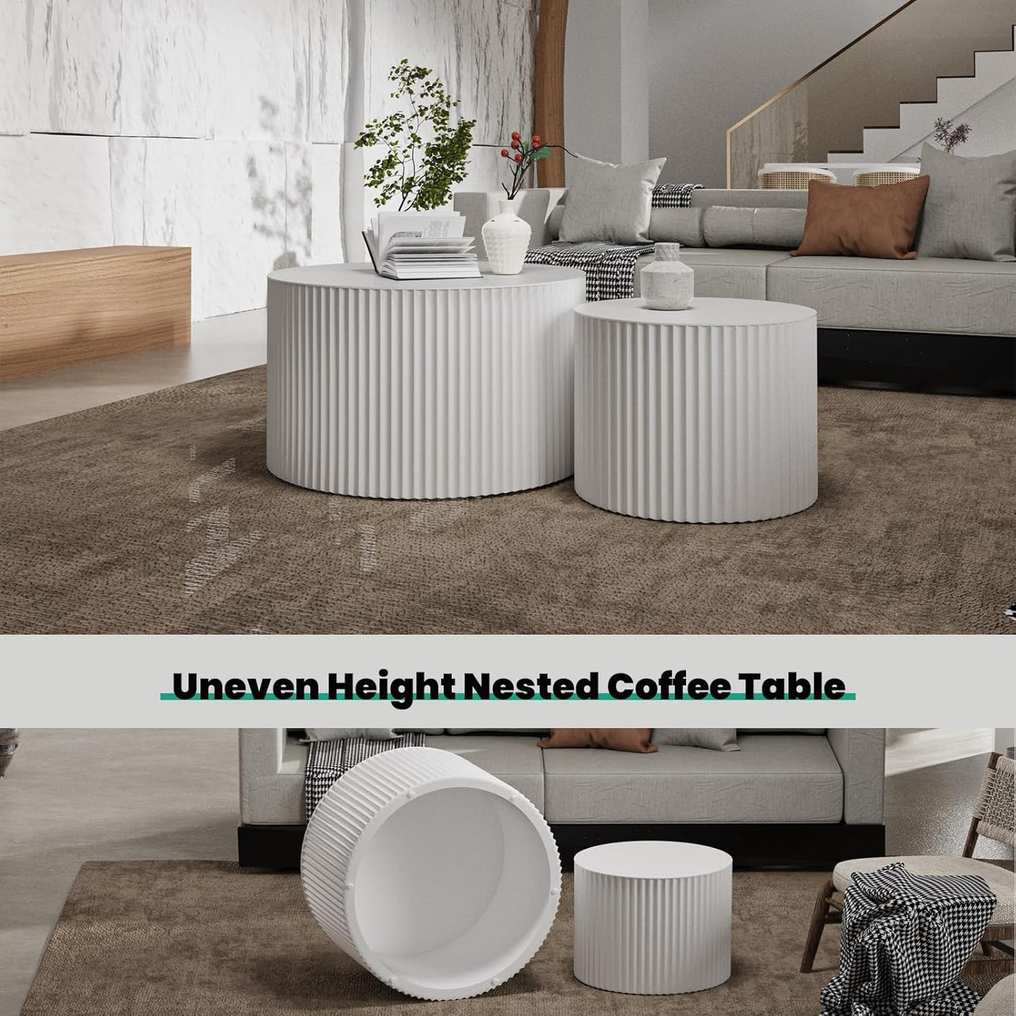 Round Nesting Coffee Table, Drum Wood Coffee Table Set of 2 White, Modern Fluted Nesting Tables Circle Center Table 2 Piece for Small Spaces Living Room Bedroom Balcony Office, No Assembling