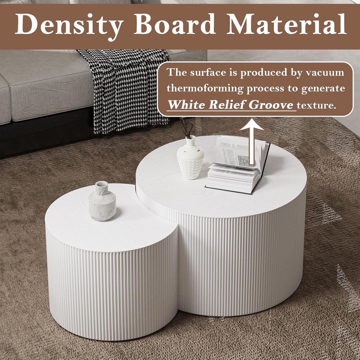 Round Nesting Coffee Table White Round Fluted Coffee Table Set of 2 for Living Room Small Circle Drum Coffee Tables Crescent End Table (White A 18in)