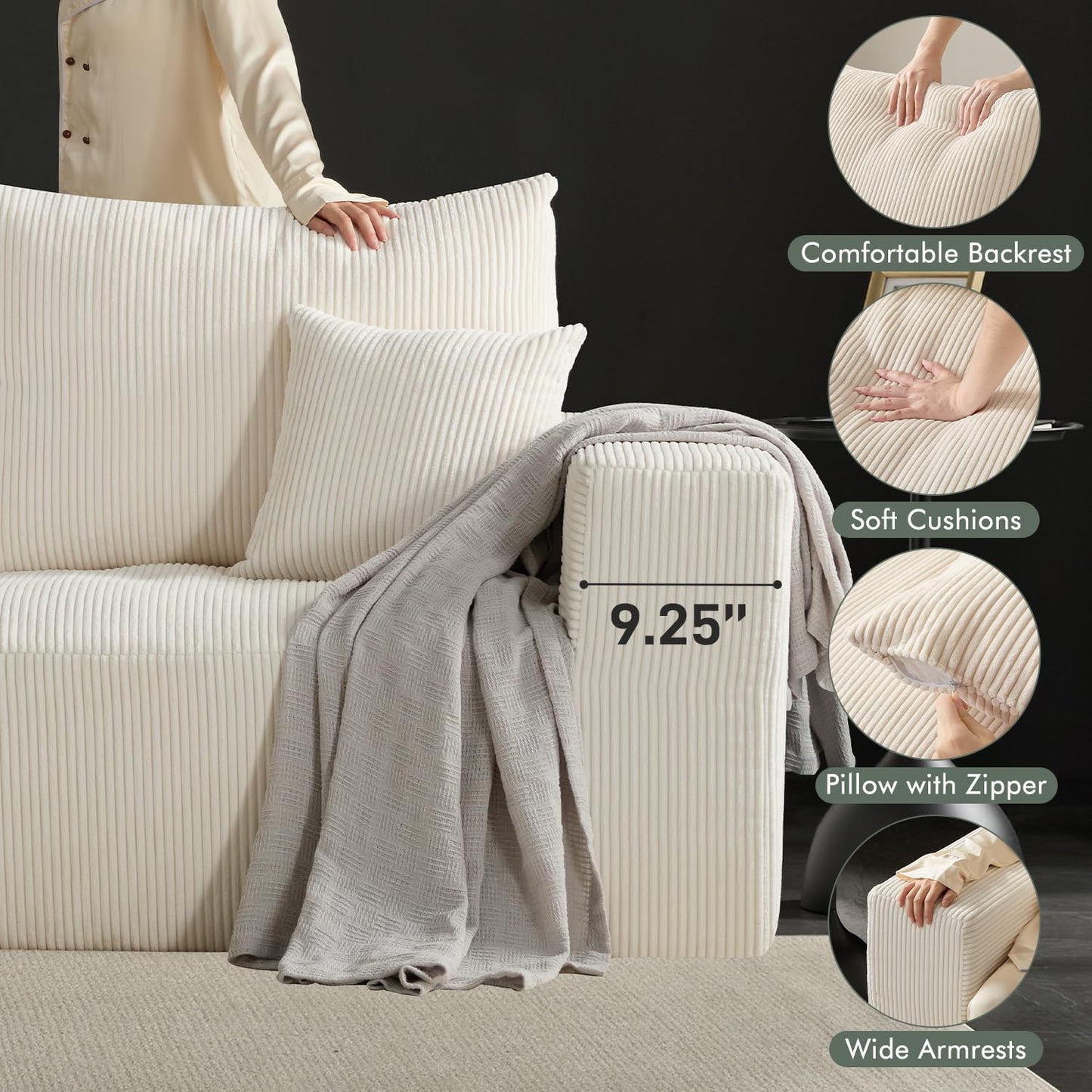 Boneless Cloud Couch Sofa for Living Room, 112" 3 Seater Beige Modern Lounge Sleeper Couch, No Assemble, Cordury Compression Upholstered Couches