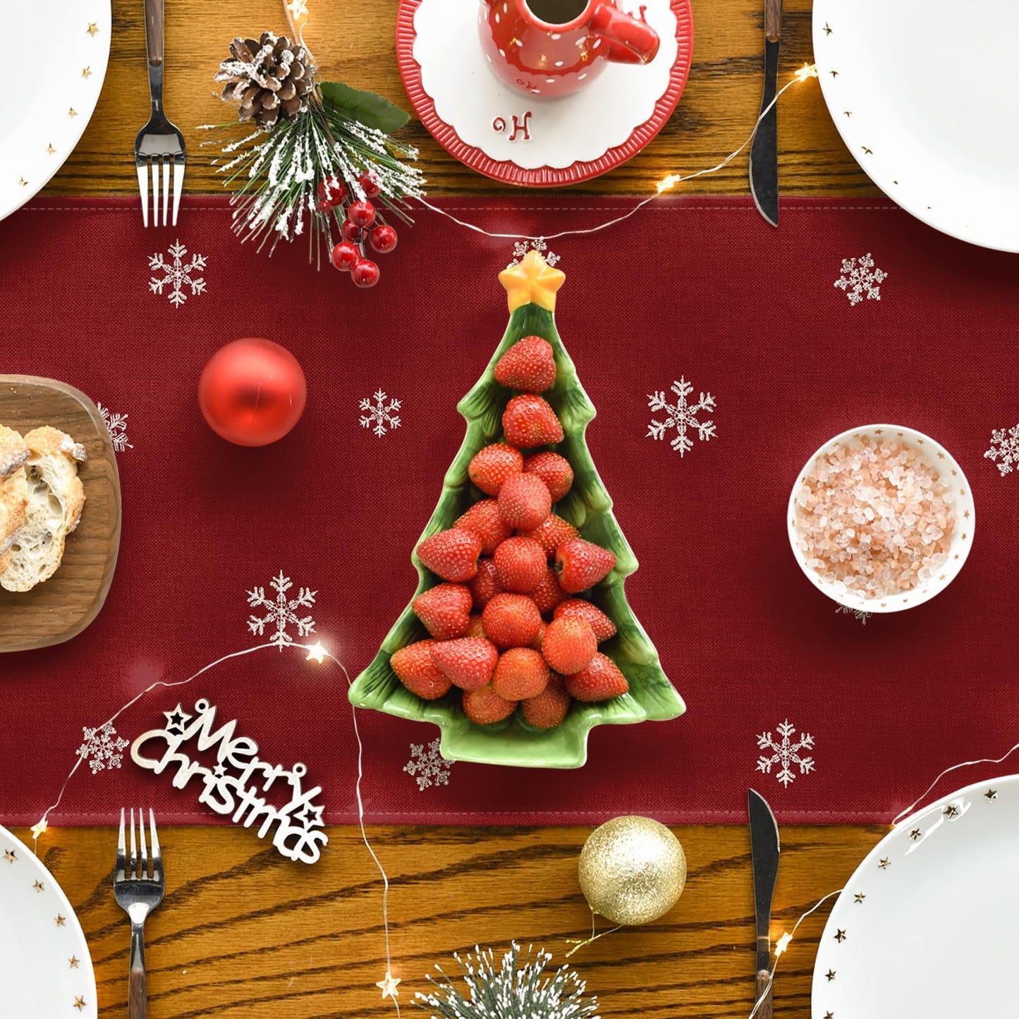 Artoid Mode Xmas Trees Snowflakes Red 210 GSM Merry Christmas Table Runner, Winter Kitchen Dining Table Decoration for Home Party Decor 13x48 Inch