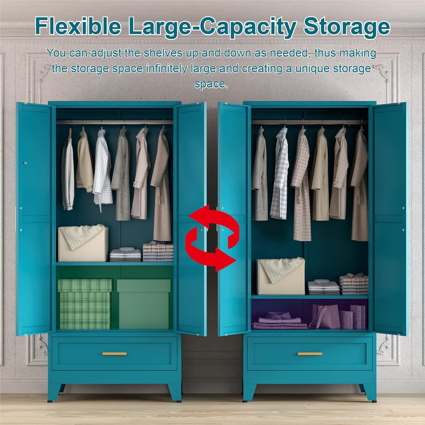 71'' Farmhouse Metal Wardrobe Cabinet with Hanging Rod, 2 Barn Door Wardrobe Closet with Adjustable Shelves,Drawer,for Dining Room,Bedroom,Living Room, Cloak Room,Office (Peacock Blue)