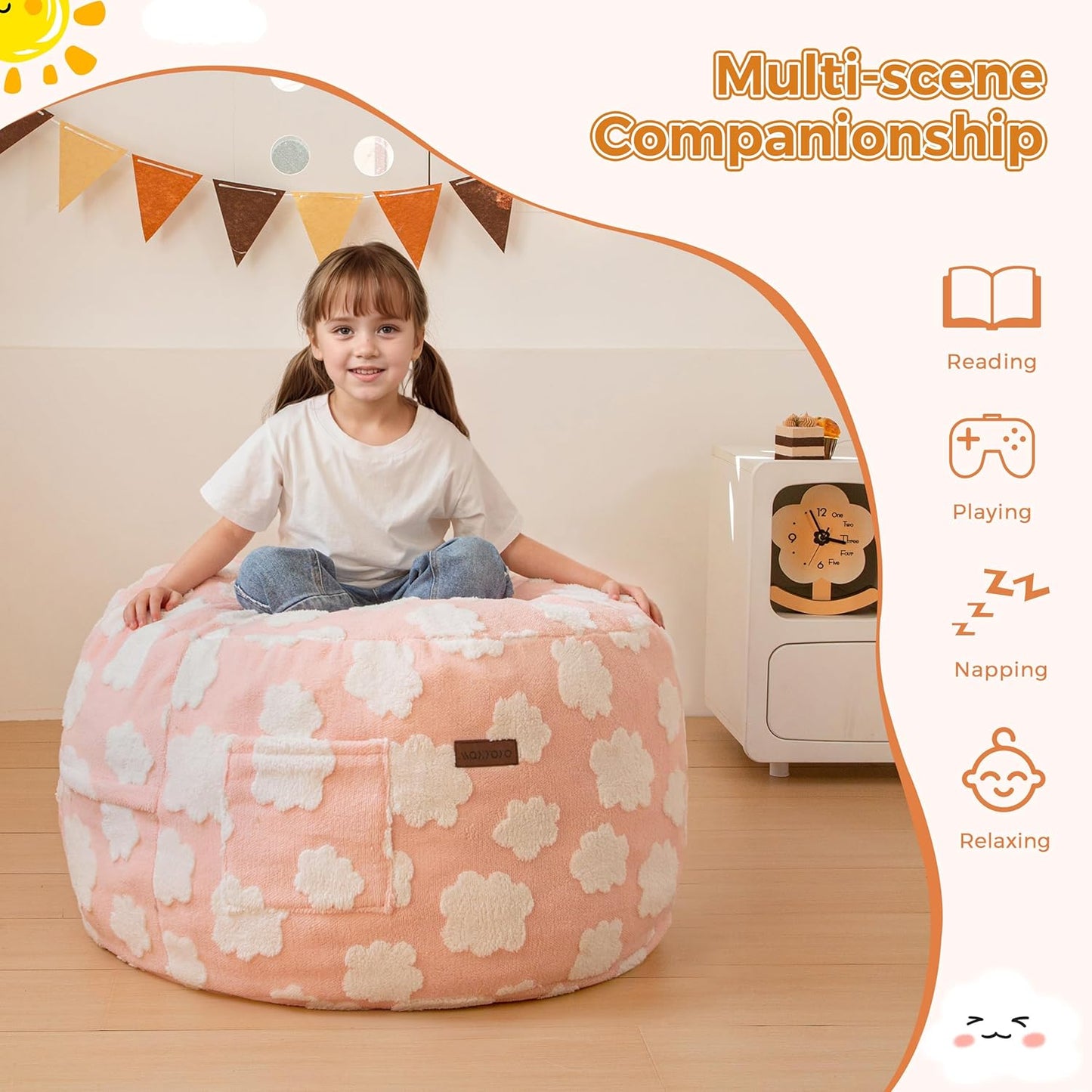 MAXYOYO Bean Bag Chair Bed for Kids, Convertible Bean Bag from Lazy Chair to Floor Bed, Fresh Cloud Design Cover, Stuffed Floor Sofa Couch for Boys and Girls, High-Density Foam Filling, Pink