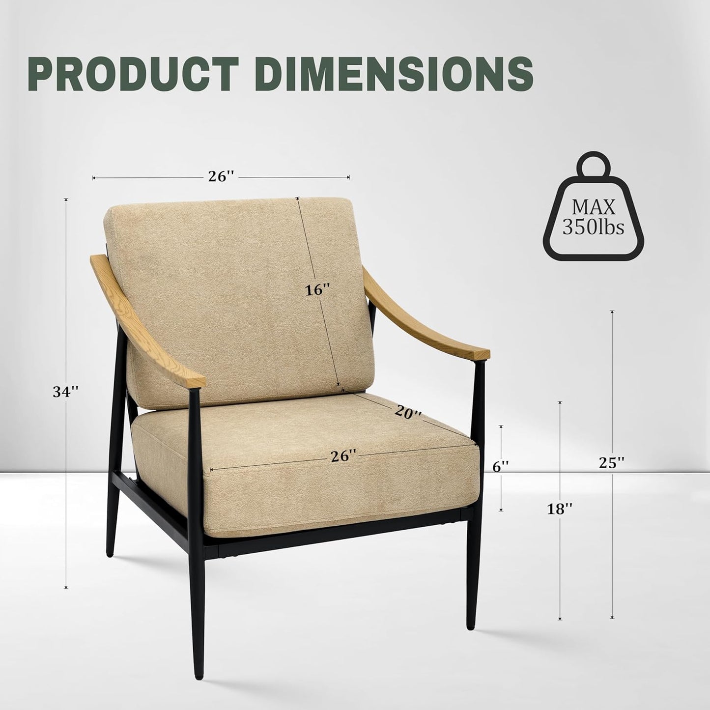 Modern Accent Chair for Living Room Bedroom Mid Century Arm Chair Upholstered Office Accent Chair Comfy Waiting Room Chair with Metal Frame, Khaki