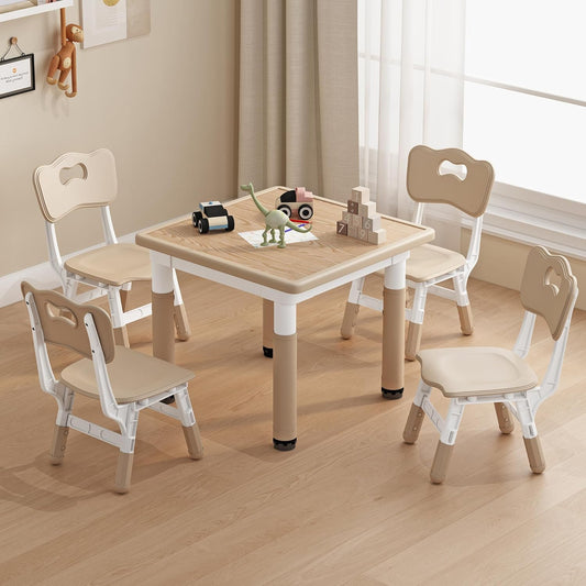 Kid Table and Chairs, Height Adjustable Childrens Table and Chair Set, Kids Tables for Age 2-8, Graffiti Desktop, Table for Kids with 4 Seats, Small Kids Table, Max 300lbs