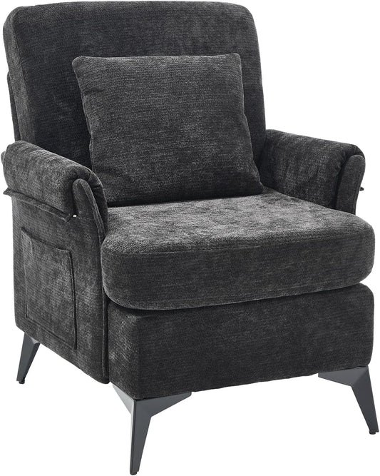 KCC Mid-Century Accent Chairs,Chenille Modern Upholstered Single Sofa,Cozy Armchair with Back for Bedroom/Office/Cafe,Black