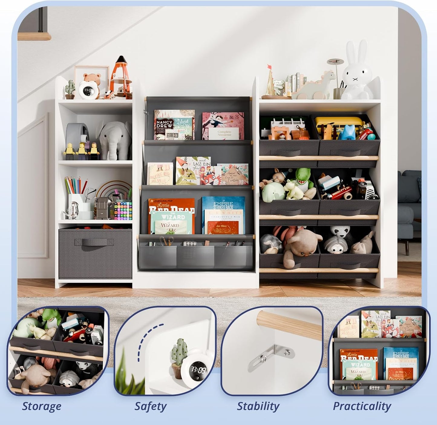 Kids Toy Book Storage Organizer - Large Bookshelf with 7 Removable Bins, Baby Bookshelf and Toy Storage, 4-Tier Book Shelf for Kids Room, Playroom, Classroom, 51 inch, White