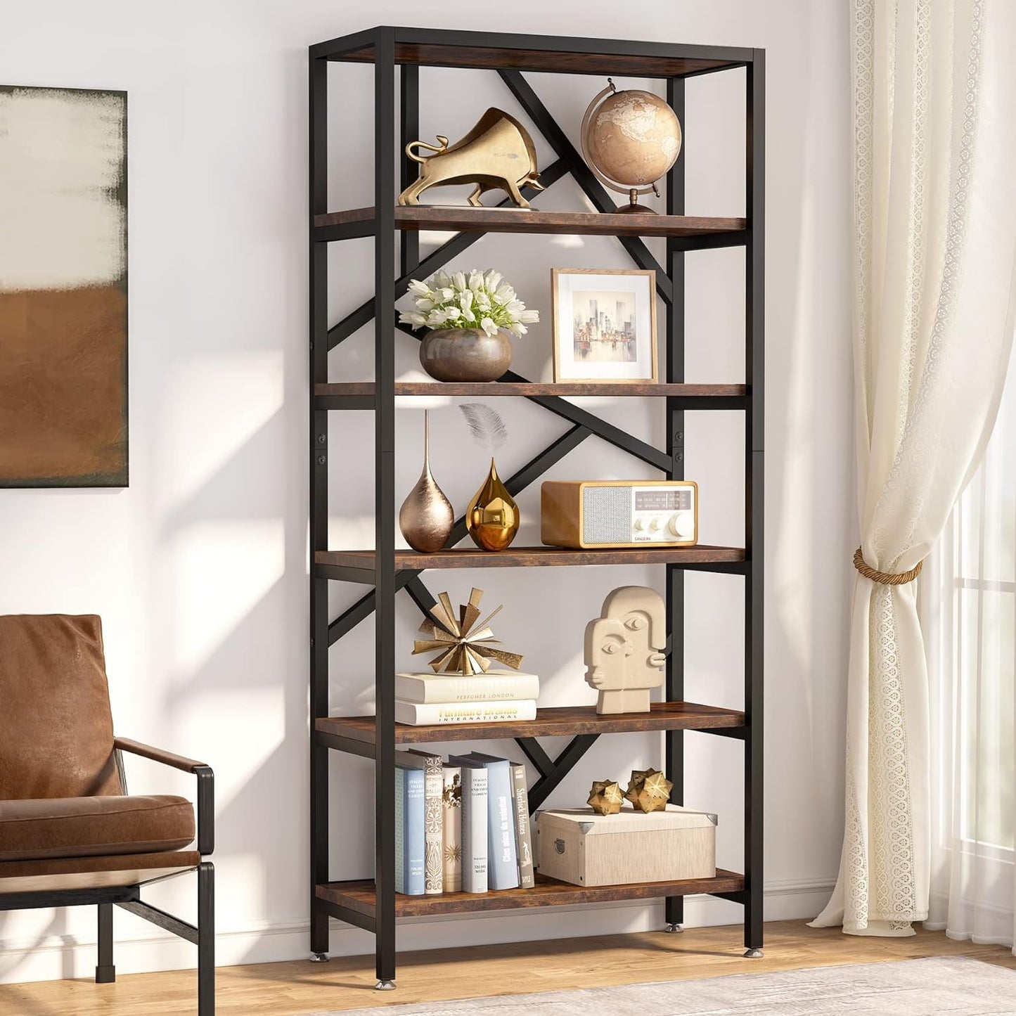 Tribesigns 71 Inch Industrial Bookshelf, 6 Shelf Etagere Bookcase, Free Standing Open Book Shelves Storage Display Shelf, Wood Shelving Units Organizer Rack for Bedroom Home Office Living Room