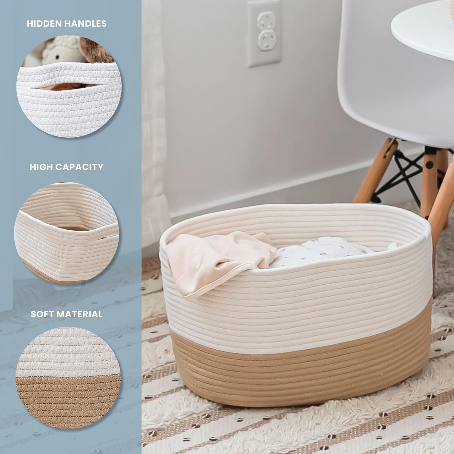 OrganiHaus Set of 3 Woven Storage Baskets for Organizing, Cotton Rope Organizer Bins for Shelves, Closet & Nursery, Dog Toy Basket, Decorative Bins for Toys, Towels & Books - 15x10x9, Honey/Off-White