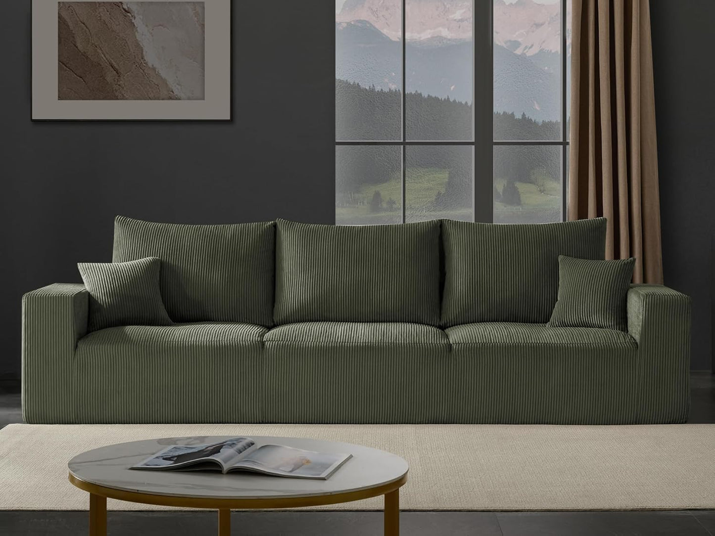 Boneless Cloud Couch Sofa for Living Room, 112" 3 Seater Green Modern Lounge Sleeper Couch, No Assemble, Cordury Compression Upholstered Couches