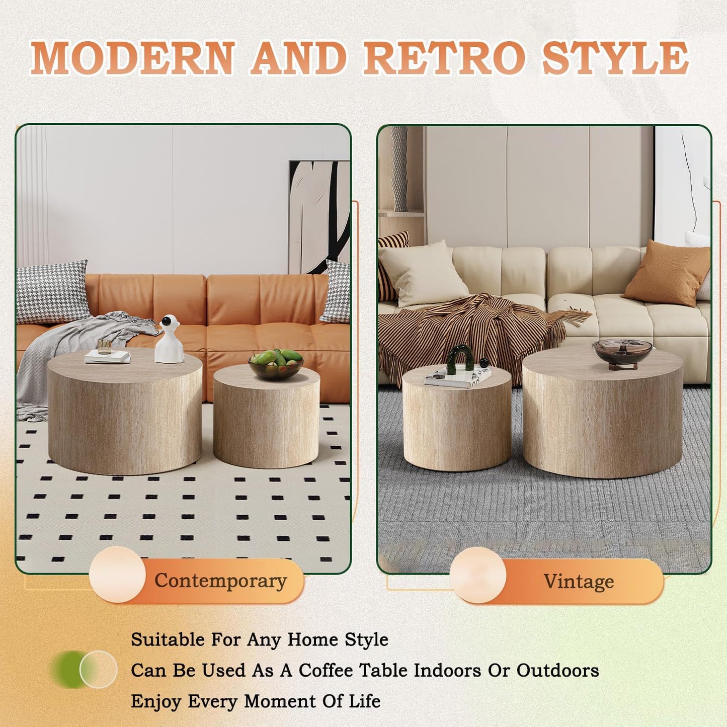 Round Nesting Coffee Table Modern Fluted Coffee Table Set of 2 Circle Drum Coffee Tables Small Round Accent Side End Table for Living Room No Assembly (Travertine 26in)