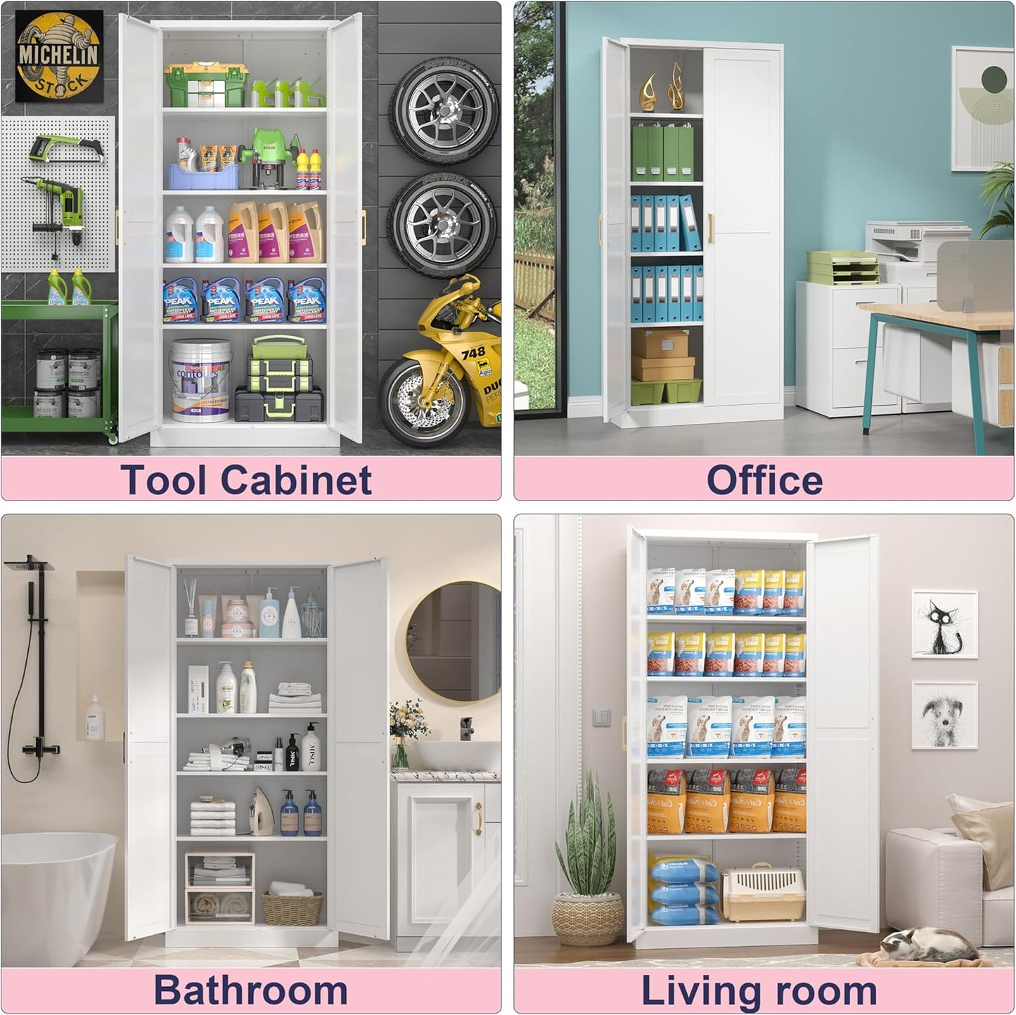 71" Storage Cabinet, Metal Pantry Cabinet, Kitchen Pantry Storage Cabinets with Doors and 4 Shelves, Cabinets for Laundry Room, Living Room, Dinning Room, Assembly Required, White