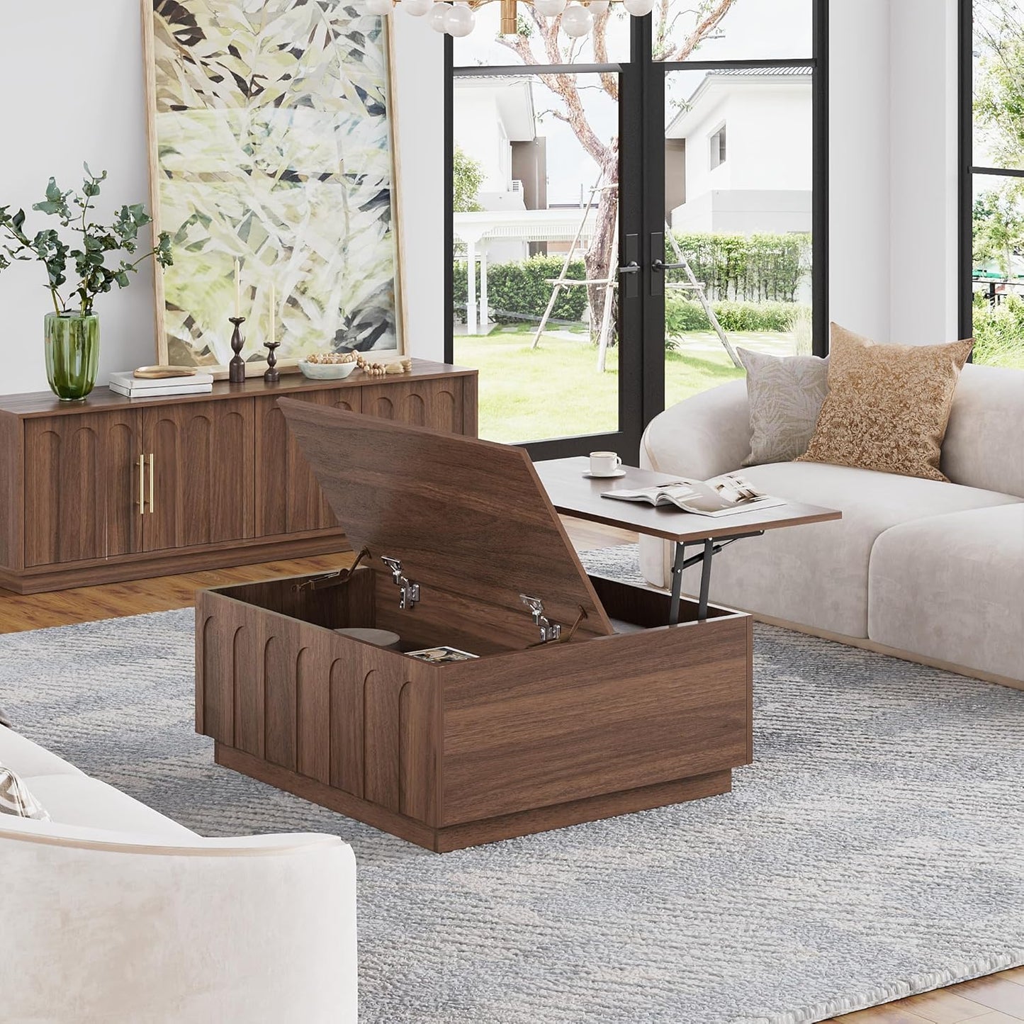 Lift Top Coffee Table with Storage, Mid Century Modern Coffee Table with Arched Design, 31.5" Square Tea Table with Wood Grain, Multifunctional Center Table for Living Room, Office, Walnut