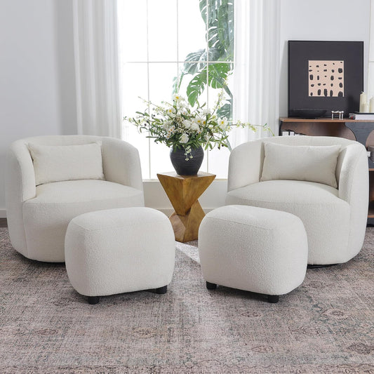 KINWELL 34" Wide 2 Boucle Swivel Barrel Chairs and 2 Ottomans Set, Fully Assembled Sherpa Accent Chairs and Footrest Set, Modern Comfy Armchairs and Footstool for Living Room and Bedroom, Beige