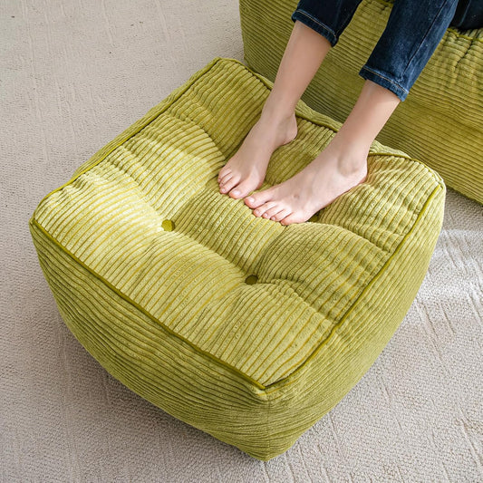HIGOGOGO Square Stuffed Pouf Ottoman, Corduroy Poufs with Foam Chunk Filling, Furry and Fluffy Pouf Foot Stool Storage Ottoman, 25.6 X 25.6 Floor Poufs Foot Rest for Living Room, Green