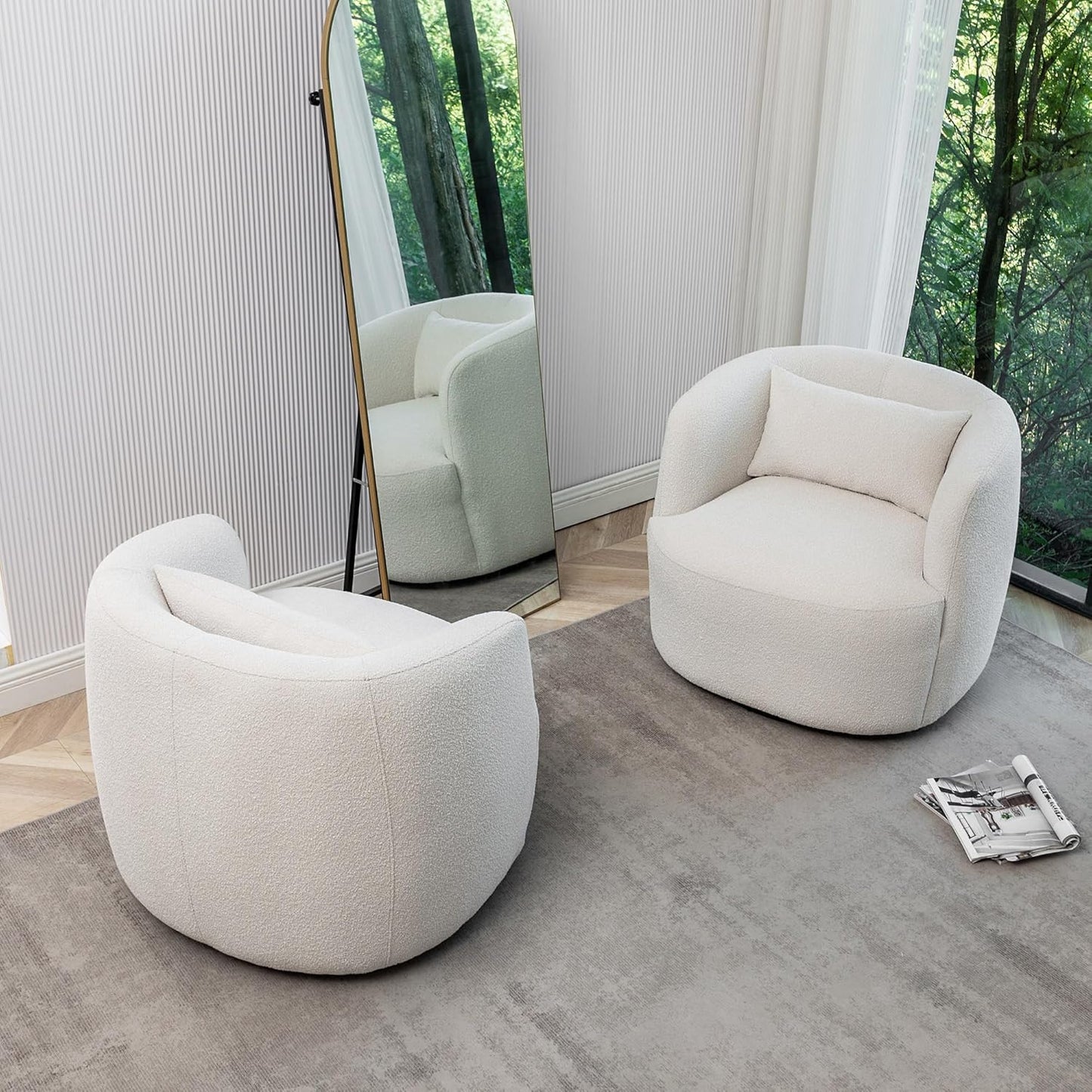 KINWELL 34" Wide Boucle Swivel Barrel Chairs Set of 2, No Assembly Round Upholstered Armchairs Accent Chairs Single Sofa Chair with Toss Pillow for Living Room and Bedroom, Beige