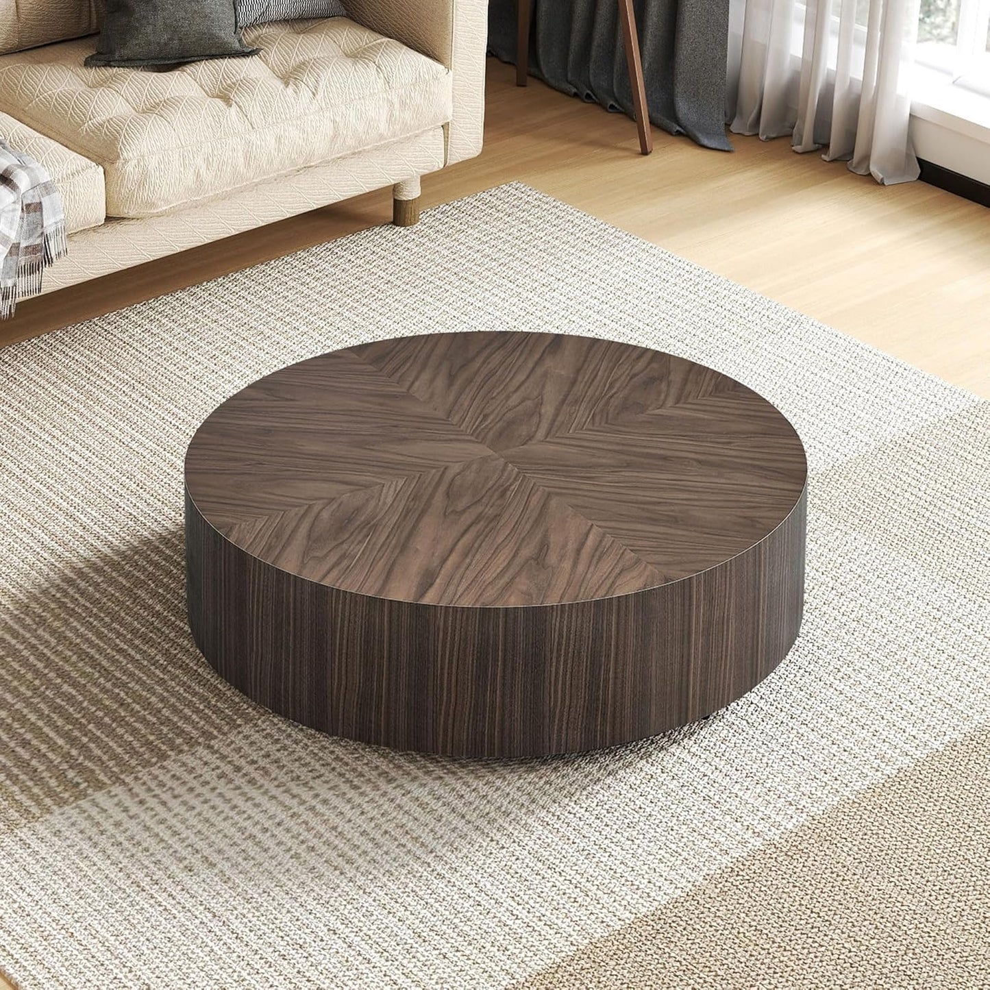 LATBASK 35.5" Round Coffee Table,Rustic Dark Wood Finish,Modern Minimalist Low-Profile Coffee Table for Living Room,Scandinavian Industrial Style,Compact Round Center Table for Small Spaces (Walnut)