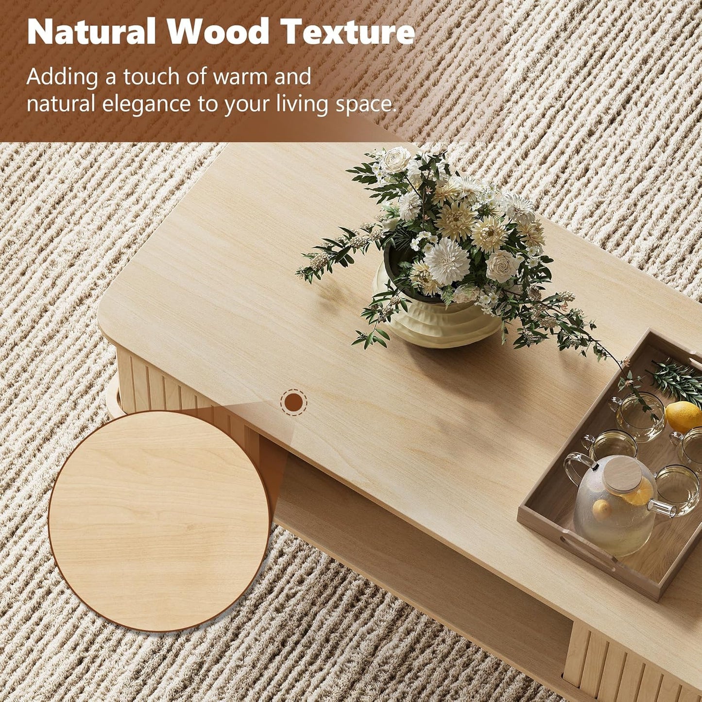 LAZZO Coffee Table with Storage Center Table for Living Room Rectangle Coffee Table with Rounded Edges,Easy Assembly, Natural Wood