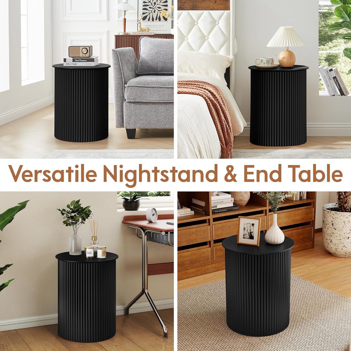 AVZEAR Small Round Side Table Fluted Night Stand Set of 2, 17.7" Mid Century Modern End Table, Circle Bedside Tables Wood Nightstands for Small Spaces, Living Room, Bedroom(Black)