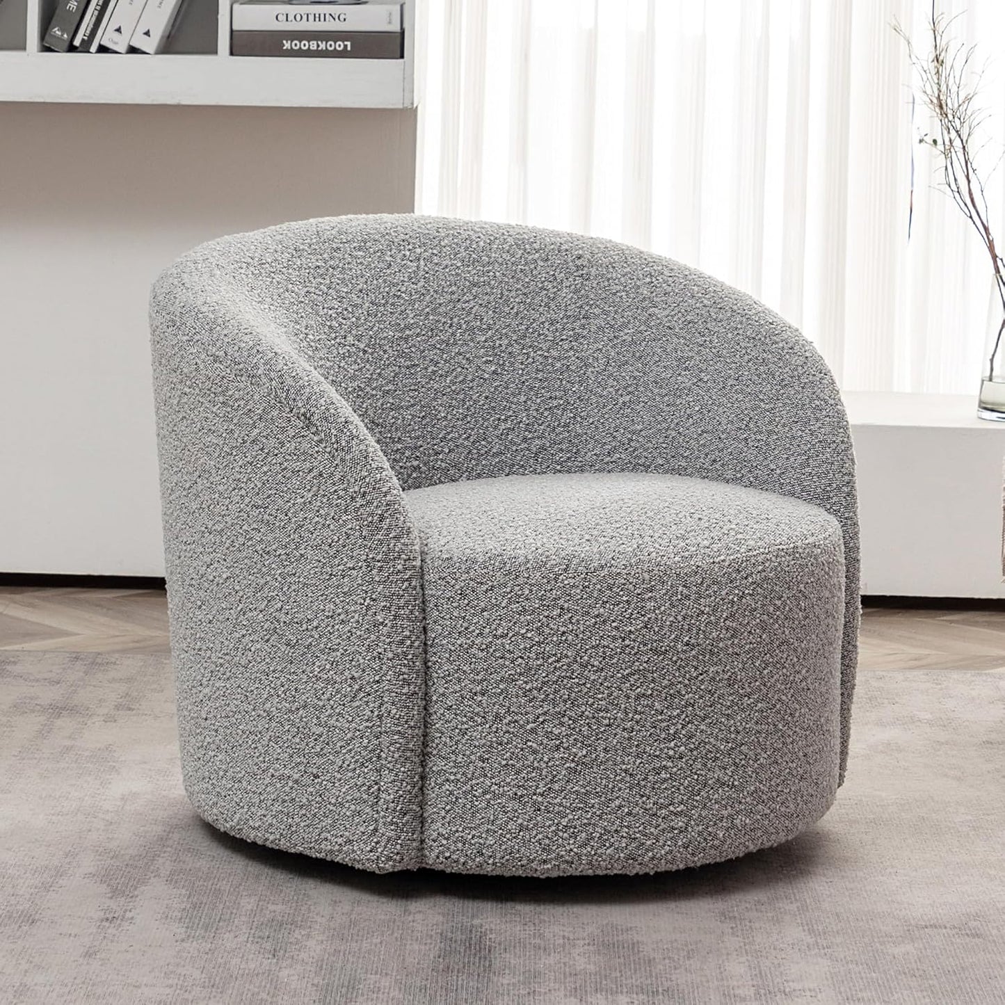 KINWELL 34" W Mid Century Modern Swivel Barrel Chair, Round Upholstered Boucle Swivel Accent Chairs, No Assembly Sofa Chair for Living Room Bedroom Reading Apartment Lounge Nursery(Black White)