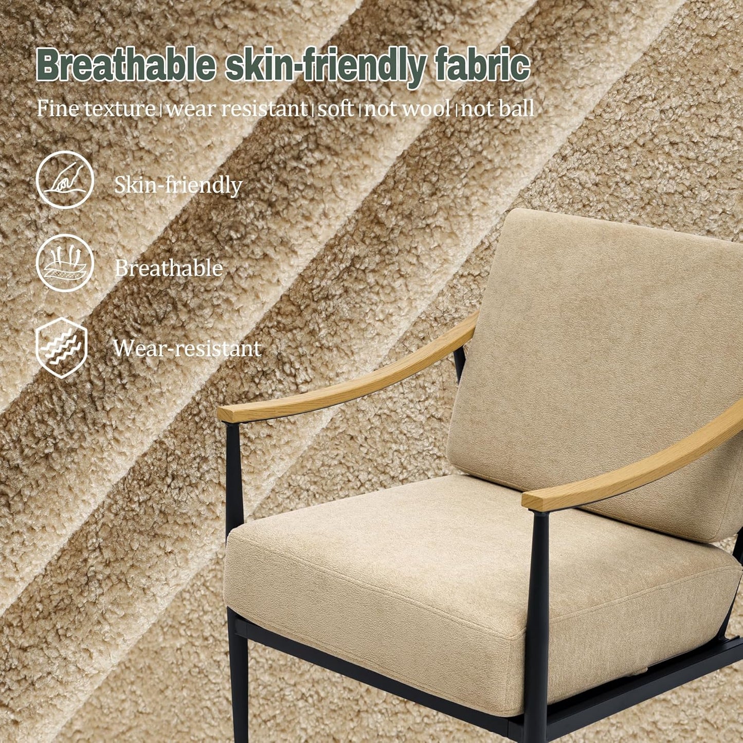 Modern Accent Chair for Living Room Bedroom Mid Century Arm Chair Upholstered Office Accent Chair Comfy Waiting Room Chair with Metal Frame, Khaki