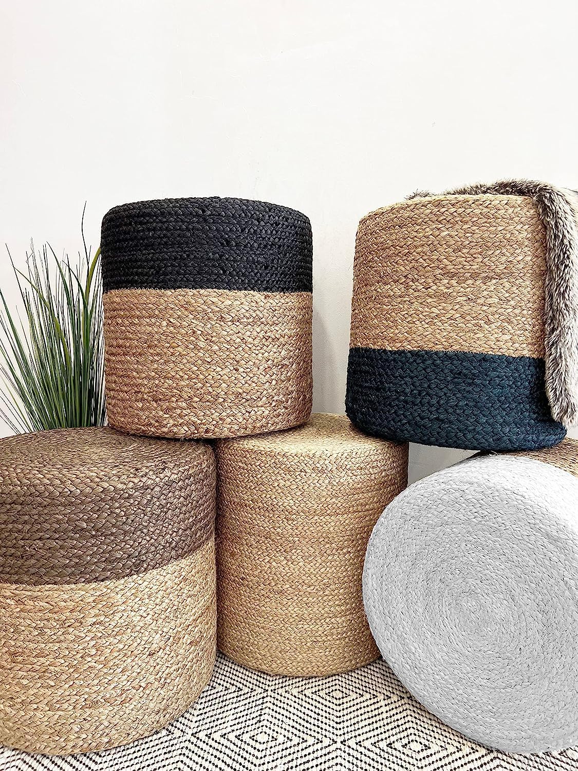 Jute Pouf Ottoman | Footrest Pouf | Hand Braided - Round Boho Pouffe - for Living Room, Bedroom, Nursery (16"x16"x16") Navy