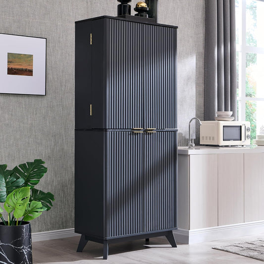 OKD Fluted Kitchen Pantry, 72" Tall Mid Century Modern Storage Cabinet with Adjustable Shelves & Door Organizer, Wood Cabinet for Kitchen, Living Room, Dark Grey