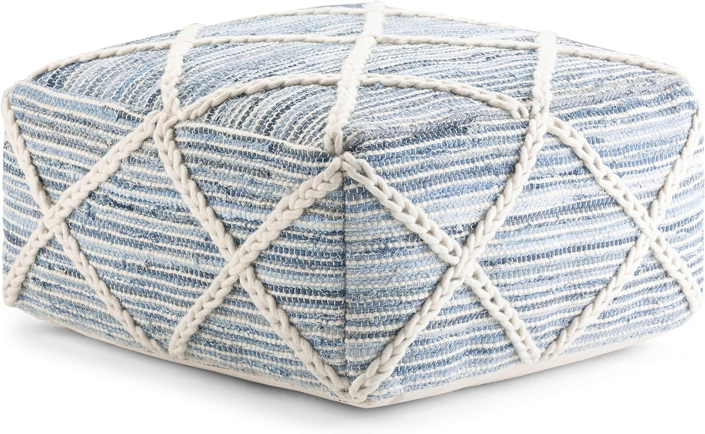 SIMPLIHOME Cowan Boho Square Pouf in Blue, Natural Handloom Woven for the Living Room, Bedroom and Kids Room