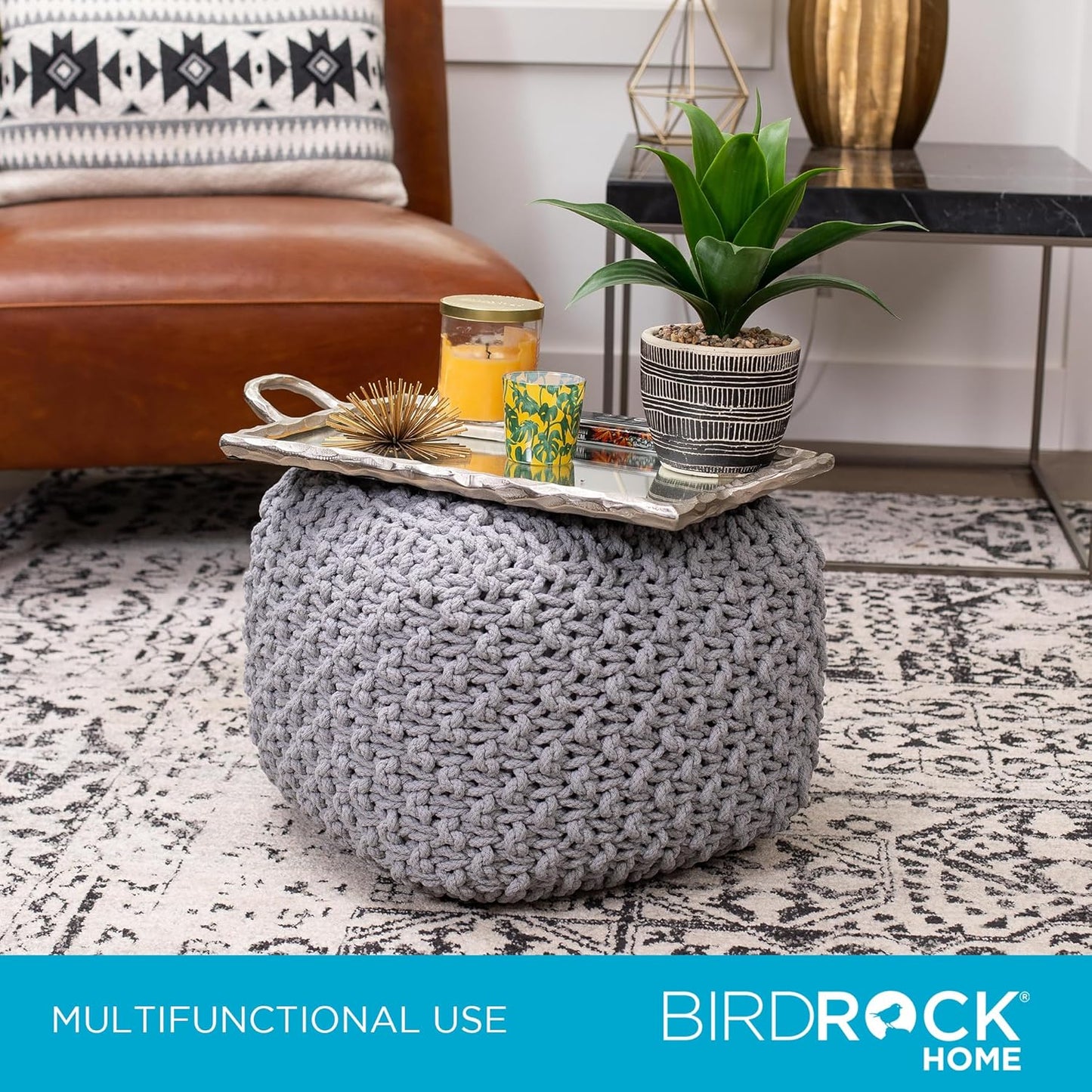 BIRDROCK HOME Square Pouf Ottoman | Cotton Braided Foot Stool with Bean Bag Filling | Boho Foot Rest for Living Room, Bedroom | Compact & Comfortable Seating, Lightweight & Sturdy | Grey